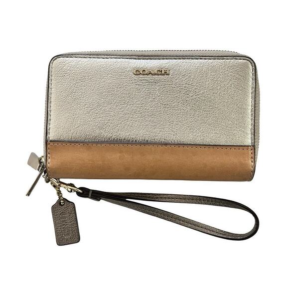 Coach Metallic Gold Leather Double Zip Medium Wallet Wristlet - Picture 1 of 13